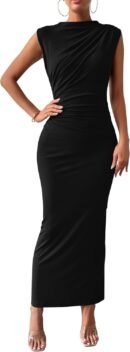 Women Ruched Bodycon Dress Summer Casual Sleeveless Back Slit Elegant Club Evening Party Cocktail Maxi Dresses