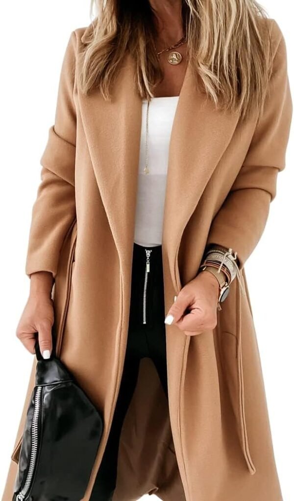 Women Classic Coat Lapel Collar Open Front Bel Long Jacket