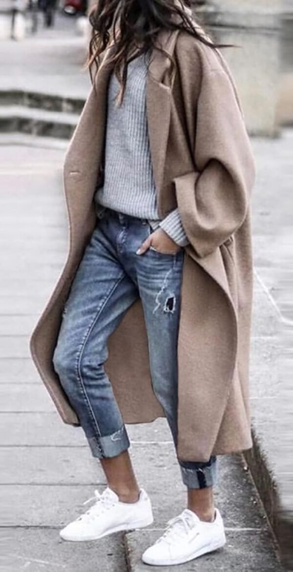 women Oversized Notched Collar Wool Blend Single Breast Midi Long Trench Coat - Image 2