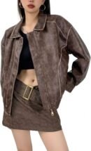 Women Fall Distressed Faux Leather Bomber Jacket Motorcycle Oversized Leather Jacket