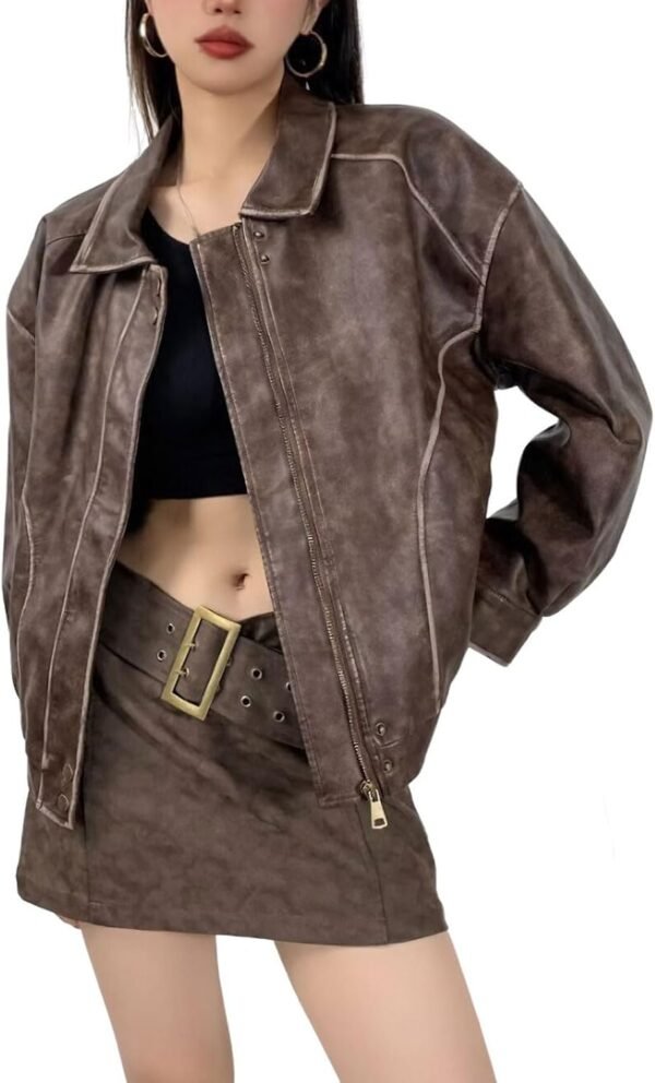 Women Fall Distressed Faux Leather Bomber Jacket Motorcycle Oversized Leather Jacket