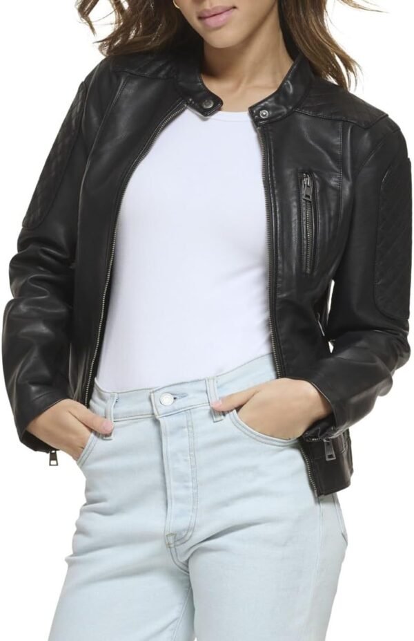 Women Faux Leather Motocross Racer Jacket (Standard and Plus)