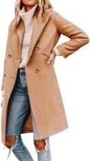 Women Notched Lapel Collar Double Breas Pea Coat Winter Wool Blend Over Coats Long Jackets