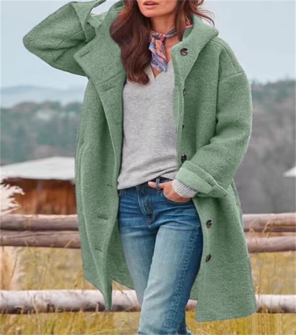 women Winter Single Breas Long Wool Coat with Hood Casual Wool Blend Trench Coat Jacket - Image 2