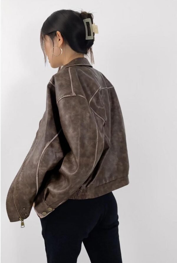 Women Fall Distressed Faux Leather Bomber Jacket Motorcycle Oversized Leather Jacket - Image 2