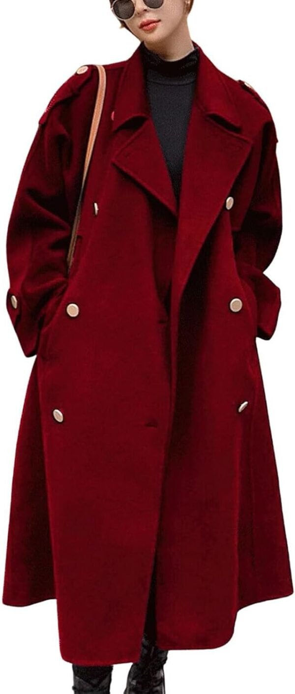 women Winter Double Breas Midi Long Wool Pea Coat Notch Lapel Winter Trench Coat