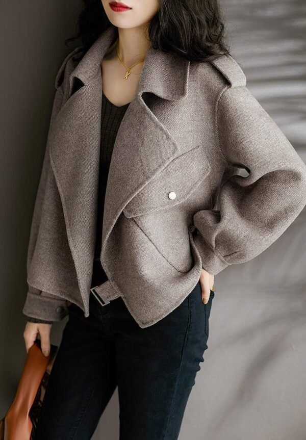 Women Cropped Wool Coats Notched Lapel Pea Coat Open Front Trench Overcoat Jackets with Pockets