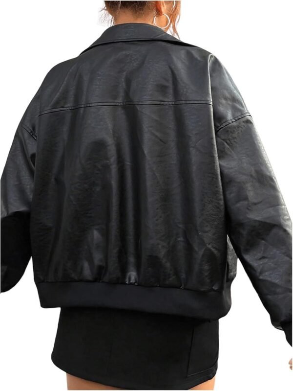 Women PU Leather Jacket Motorcycle Zip Up Collared Coats Fall Winter Outfits Clothes - Image 2