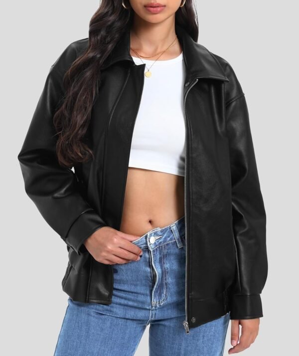 Women Faux Leather Jackets Long Sleeve Zipper Oversized Motorcycle Biker Coat Trendy Travel Casual Outfits - Image 2