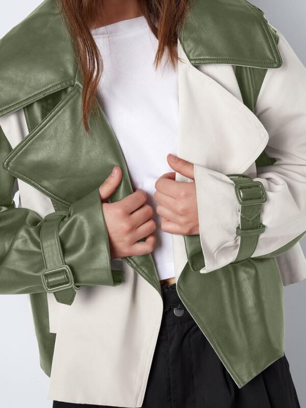 Women Leather Cropped Jacket Fall Casual Trendy Oversized Color Block Motorcycle Coat - Image 2