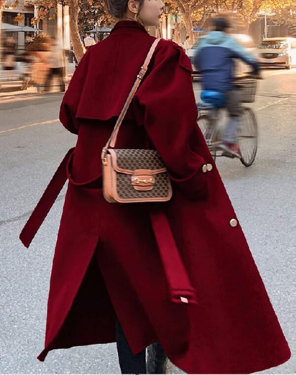 women Winter Double Breas Midi Long Wool Pea Coat Notch Lapel Winter Trench Coat