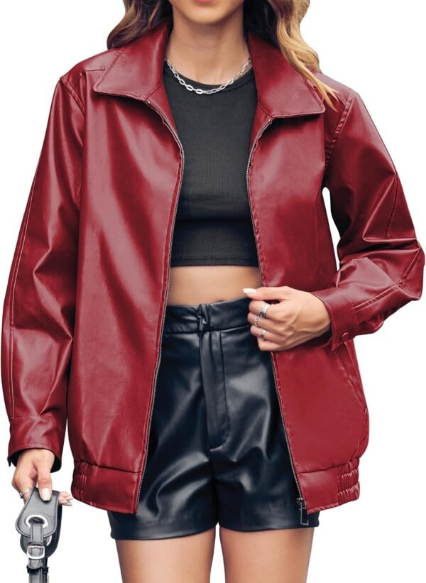 Women Oversized Leather Jackets Faux Casual Zip Up Trendy Bomber Motorcycle Jacket with Pockets S-XL