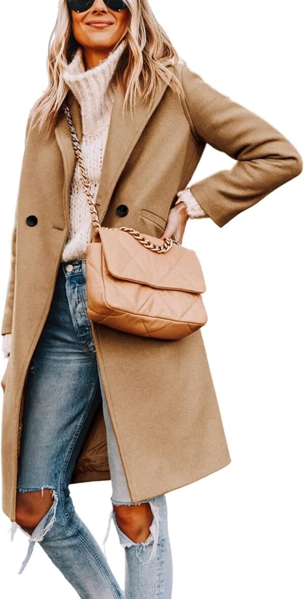 women Notch Lapel Double Breas Wool Blend Mid Long Pea Trench Coat
