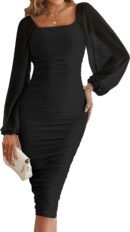 Women Long Puff Sleeve Ruched Bodycon Dress Square Neck Mesh Cocktail Party Midi Dresses