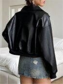 Women Faux Leather Jacket Crop Zip Up Long Sleeve Drop Shoulder Motorcycle Jacket Outerwear