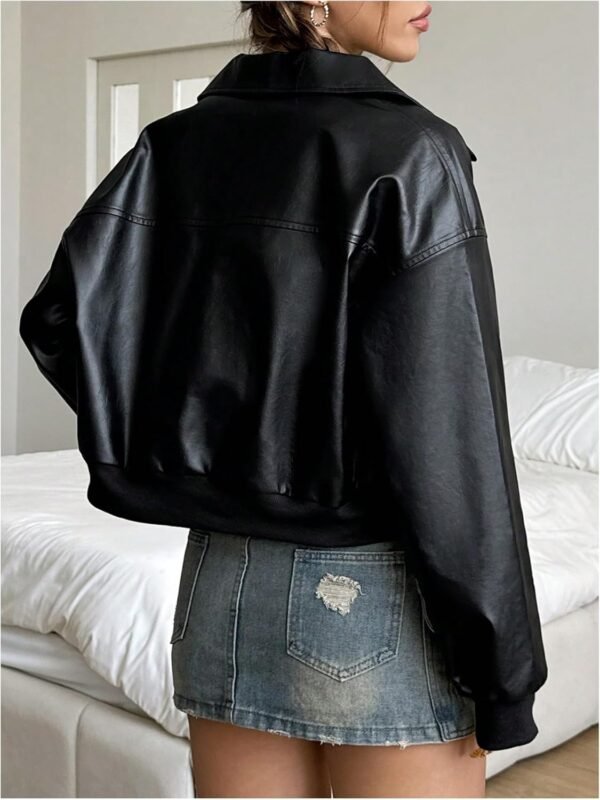 Women Faux Leather Jacket Crop Zip Up Long Sleeve Drop Shoulder Motorcycle Jacket Outerwear - Image 2
