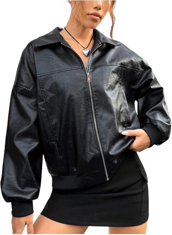 Women PU Leather Jacket Motorcycle Zip Up Collared Coats Fall Winter Outfits Clothes