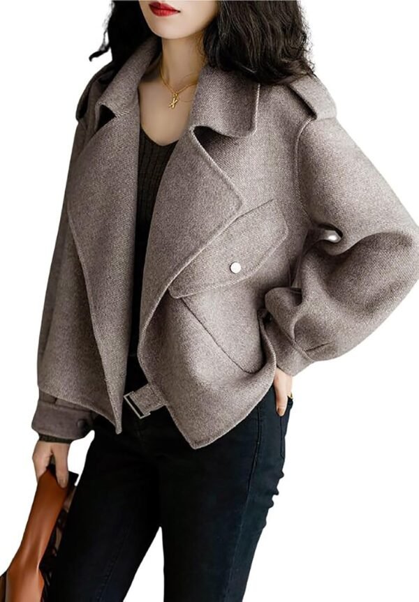Women Cropped Wool Coats Notched Lapel Pea Coat Open Front Trench Overcoat Jackets with Pockets