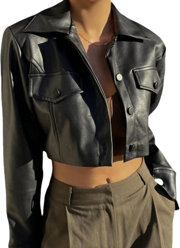 Women Faux Leather Crop Jacket Button Down Long Sleeve Casual Jacket Outerwear Short Coat Streetwear