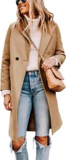 women Notch Lapel Double Breas Wool Blend Mid Long Pea Trench Coat