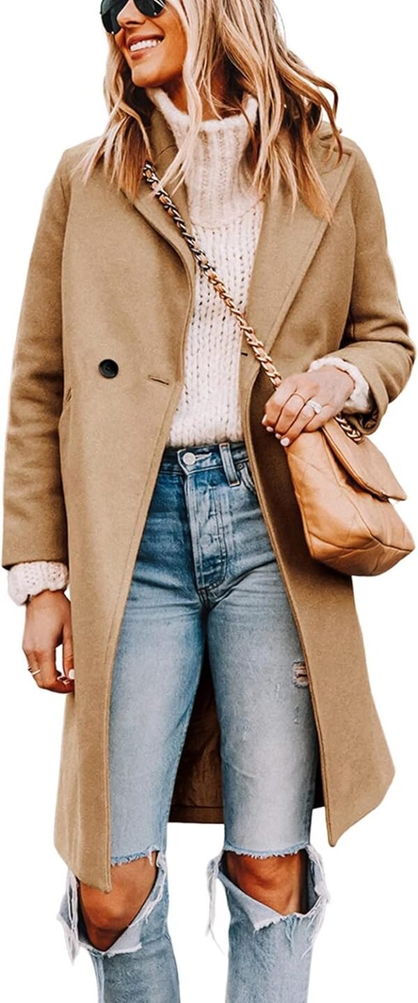 women Notch Lapel Double Breas Wool Blend Mid Long Pea Trench Coat