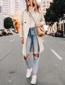 women Winter Wool Coat Casual Notch Lapel Single-Breas Peacoat